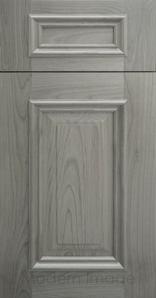Heritage custom cabinets in a Oyster Stain, classic raised panel doors, and modern flat slab drawer fronts.